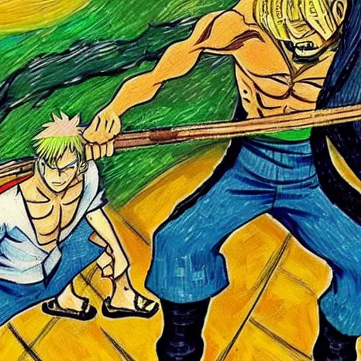 Prompt: zoro vs sanji, one piece fight, in the style of vincent van gogh