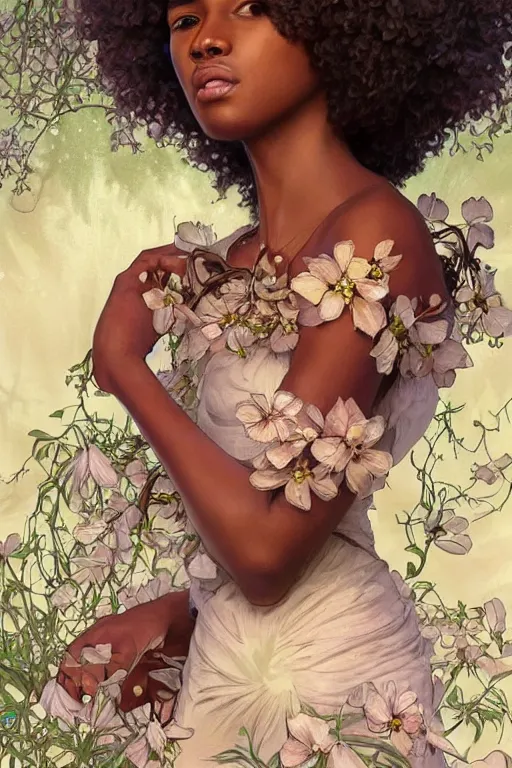 Image similar to ultra realistic illustration, beautiful swahili girl with flowers blossoming from her afro, in low v neck dress, snowy, elegant, highly detailed, digital painting, concept art, smooth, sharp focus, illustration, art by artgerm and greg rutkowski and alphonse mucha