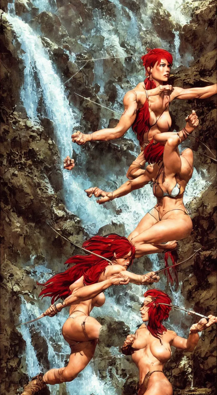 Image similar to tomb raider with red hair in front of a waterfall by frank frazetta and boris vallejo