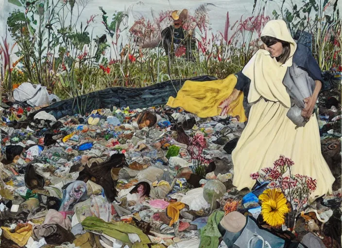 Image similar to painting, suzanne takes your hand and she leads you to the river, she's wearing rags and feathers from salvation army counters, and the sun pours down like honey on our lady of the harbor church in montreal, and she shows you where to look among the garbage and the flowers, there are heroes in the seaweed, by paula rego, by neo rauch, by edward hopper