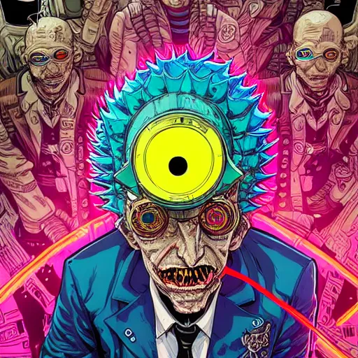 Prompt: hyper detailed comic illustration of a cyberpunk President Evil!!! Morty!!! wearing a pirate eye patch and a gorpcore!!! jacket, by Josan Gonzalez and Geof Darrow, intricate details, vibrant, solid background, low angle fish eye lens