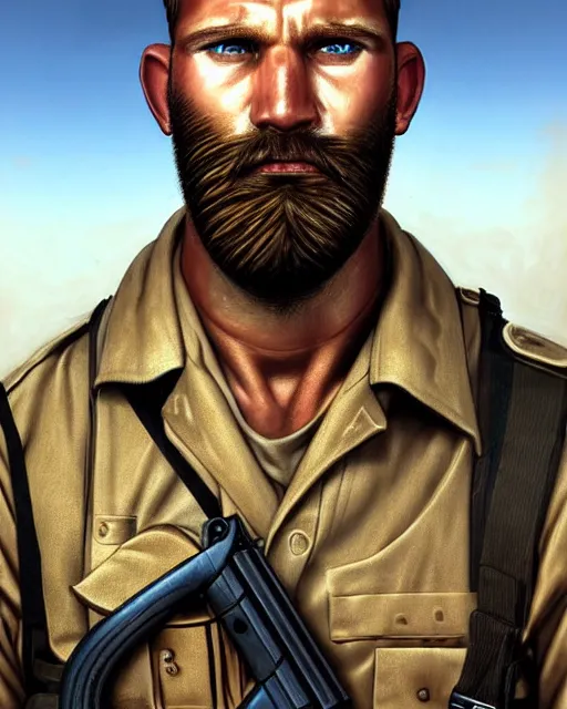 Image similar to portrait of muscular, tired and alcoholic 3 0 - year - old handsome man with short darkblonde hair, serious sad look in his eyes, dirty beard, blue eyes, wearing dirty soldier uniform, on the desert, hyper realistic face, beautiful eyes, character art, art by mark brooks, hyperdetailed, cryengine, trending on artstation, digital art