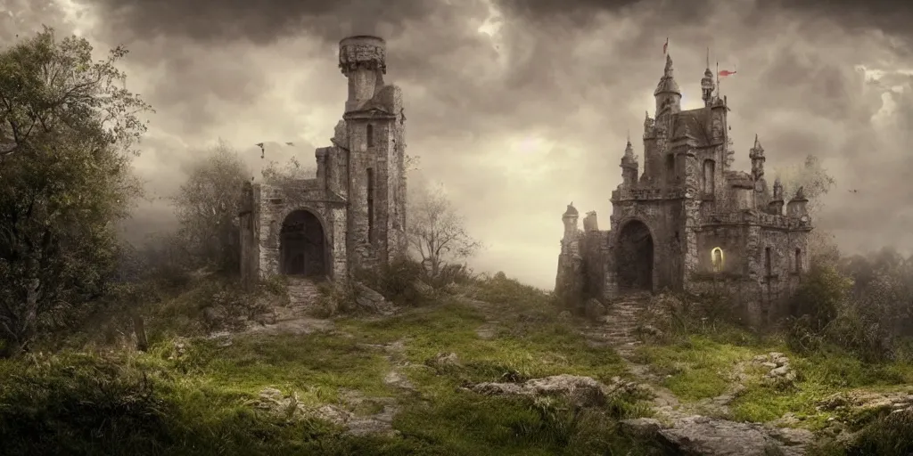 Prompt: matte painting, castle, dramatic landscape, overgrown, cinematic, overcast, lantern light