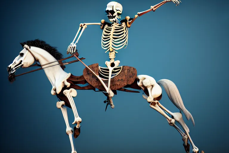 Prompt: a scuplture of a sad skeleton riding a horse with very long legs, haunted, in the style of dali, plastic, blue, hyperdetailed, ultra realistic, octane render, 8 k, cinematic, atmospheric lighting, dark volumetric lighting