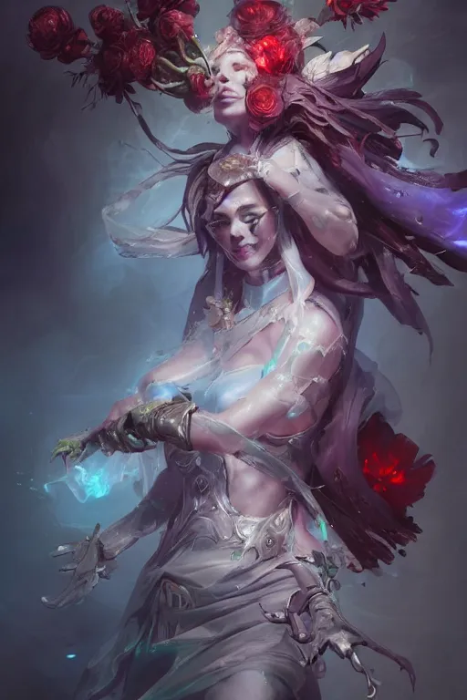 Prompt: beautiful girl necromancer covered with glass exploding into blood, practical armor, heroes of the storm, 3 d render, hyper realistic detailed portrait, holding magic flowers, ruan jia, wlop. scifi, fantasy, hyper detailed, octane render, concept art, peter mohrbacher