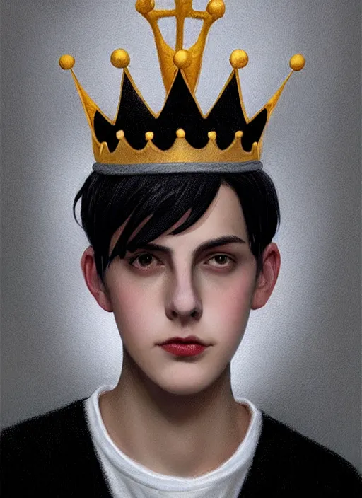 Image similar to portrait of teenage jughead jones wearing a light grey crown, photorealistic, crown made of fabric, grey crown with pin badges, crown with pins, black hair, intricate, elegant, highly detailed, digital painting, glowing lights, artstation, concept art, smooth, sharp focus, illustration, art by wlop, mars ravelo and greg rutkowski