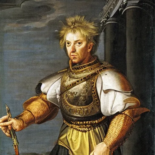 Image similar to donald trump, donald trump, wearing knight ’ s armor, holding a spectacular broadsword, by annibale carracci, two arms, two legs, donald trump, symmetrical face, highly detailed face, perfect face