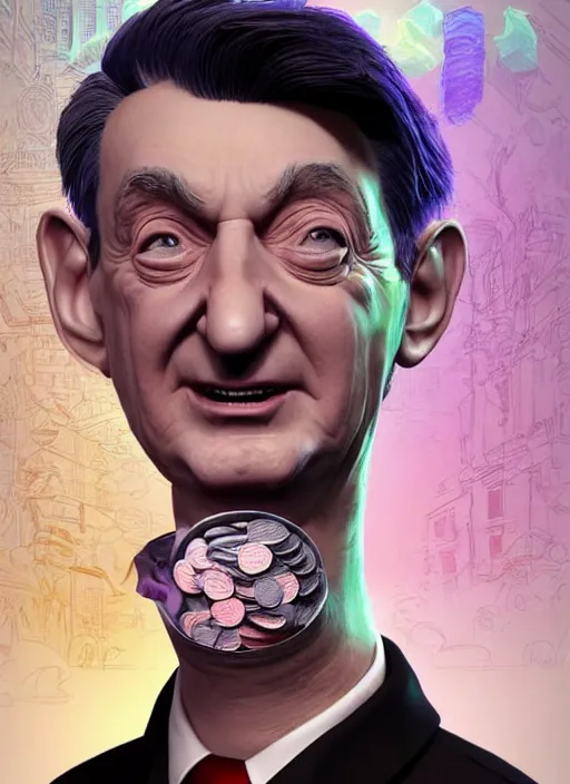 Image similar to colourful caricature - 3 d vfx art - portrait of a george soros with money all around hime, art style by james jean & hsiao - ron cheng, character concept art, unreal engine render, digital illustration, sharp, intricate detail, volumetric light, ray tracing, soft light, symmetric, pinterest, artstation, behance,