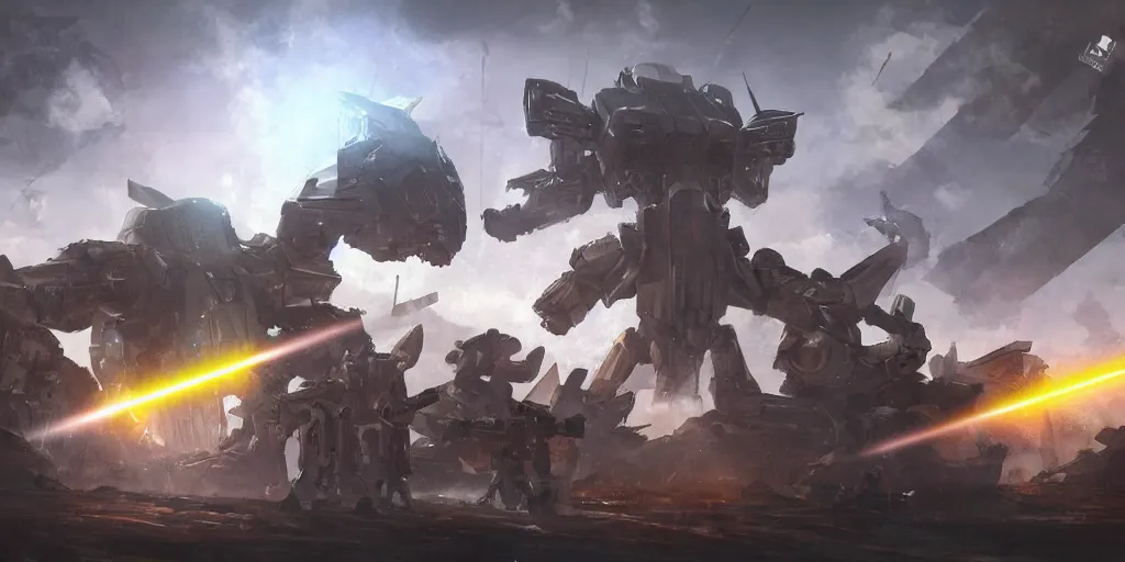 Image similar to mecha soldiers firing laser guns at a giant monster, concept art, digital painting, dramatic, trending on artstation, large scale