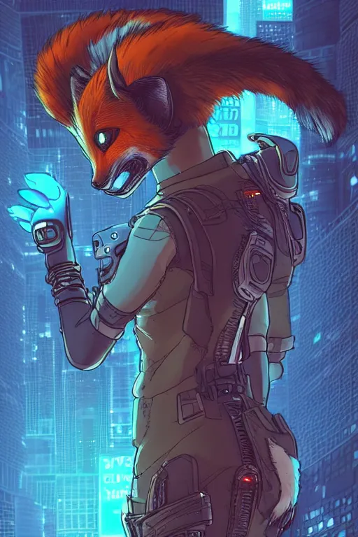 Image similar to a detailed illustration of a cyberpunk anthropomorphic fox with a fluffy tail!!!, comic book style, trending on furaffinity, cartoon, kawaii, backlighting