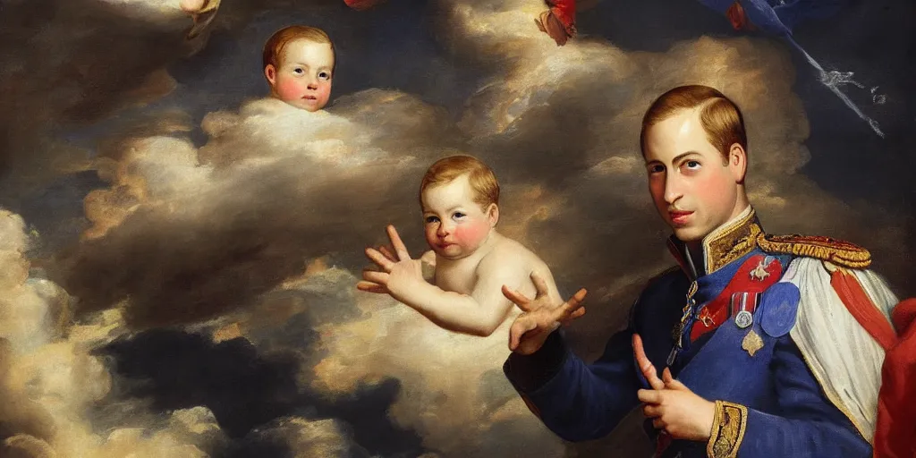 Image similar to painting of prince william, duke of cambridge with heavenly angels surrounding him with heavenly clouds in the background