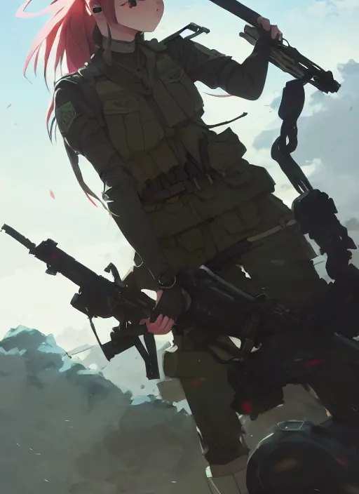 Image similar to portrait of soldier girl killing her enemy, black sky background lush landscape illustration concept art anime key visual trending pixiv fanbox by wlop and greg rutkowski and makoto shinkai and studio ghibli and kyoto animation soldier clothing military gear realistic anatomy mechanized