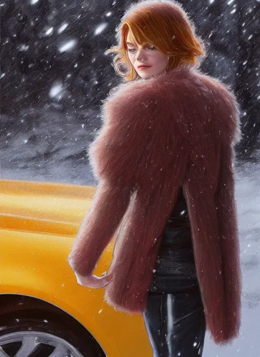 Image similar to ultra realistic illustration, emma stone getting out of a taxi in winter, intricate, elegant, highly detailed, digital painting, artstation, concept art, smooth, sharp focus, illustration, art by artgerm and greg rutkowski and alphonse mucha