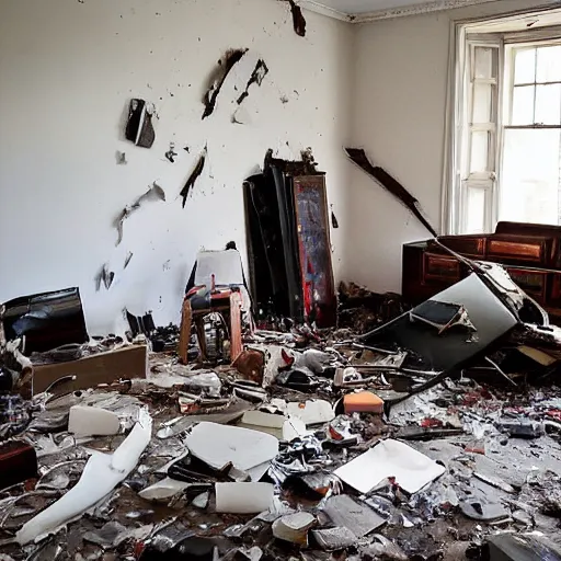 Image similar to 1 9 3 0 s haunting by pegi nicol macleod, by simon birch. a sculpture of a room that is wrecked, furniture overturned, belongings strewn about, & debris everywhere. the only thing left intact is a photograph on the wall shows a tidy, well - appointed space, with everything in its place.