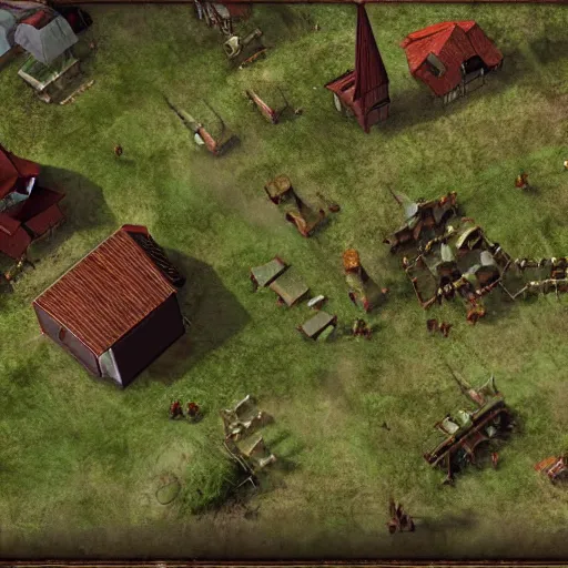 Image similar to screenshot of a beautiful rts game silent hill, overhead view, extremely sharp