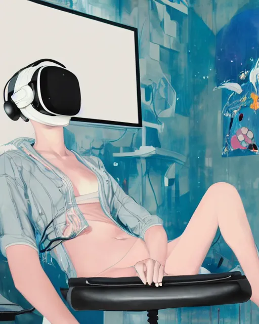 Prompt: a beautiful anime woman reclines in a gaming computer chair wearing a vr headset and headphones holding a game controller, in a domestic interior filled with screens by james jean and luc tuymans and beeple and hernan bas and pat steir and hilma af klint, psychological, 3 d, dripping paint, high quality render, masterpiece