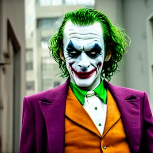 Prompt: film still of Mr Bean as joker in the new Joker movie
