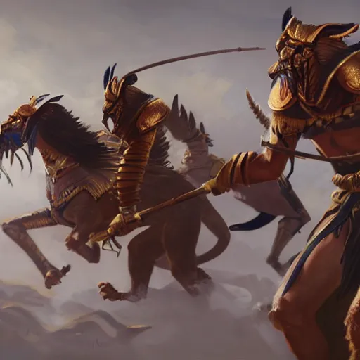 Prompt: Egyptian Gnolls battle elf monks, by Greg Rutkowski, 4k, cinematic, motion