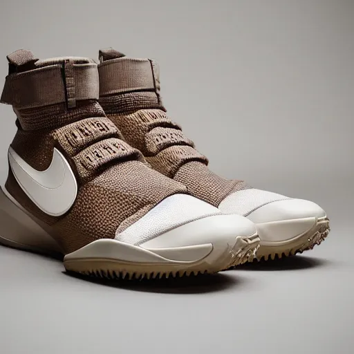 Image similar to a studio photoshoot of Nike ACG sneakers designed by Tom Sachs, cream leather with knitted mesh material, gum rubber outsole, realistic, color film photography by Tlyer Mitchell, 35 mm, graflex