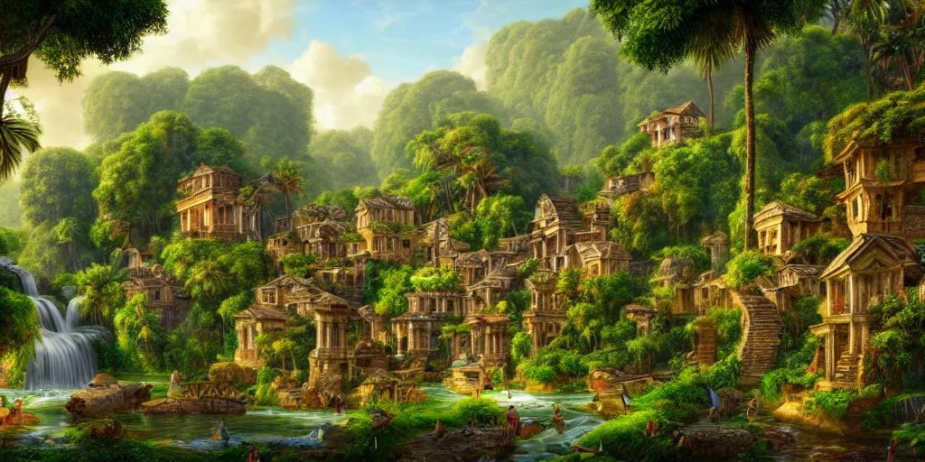 Prompt: village in a tropical eastern waterfall valley, with great birds, lush wildlife, rich geometry, ancient ruins, precise and incredibly highly detailed intricate 8 k wallpaper, john stephens, intricate stunning award winning masterpiece trending on artstation