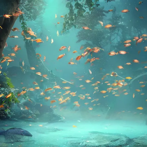 Image similar to school of fish swimming in the dreamy forest under water ,magical effect,cgsociety, 8k,hyperdetailed, artstation