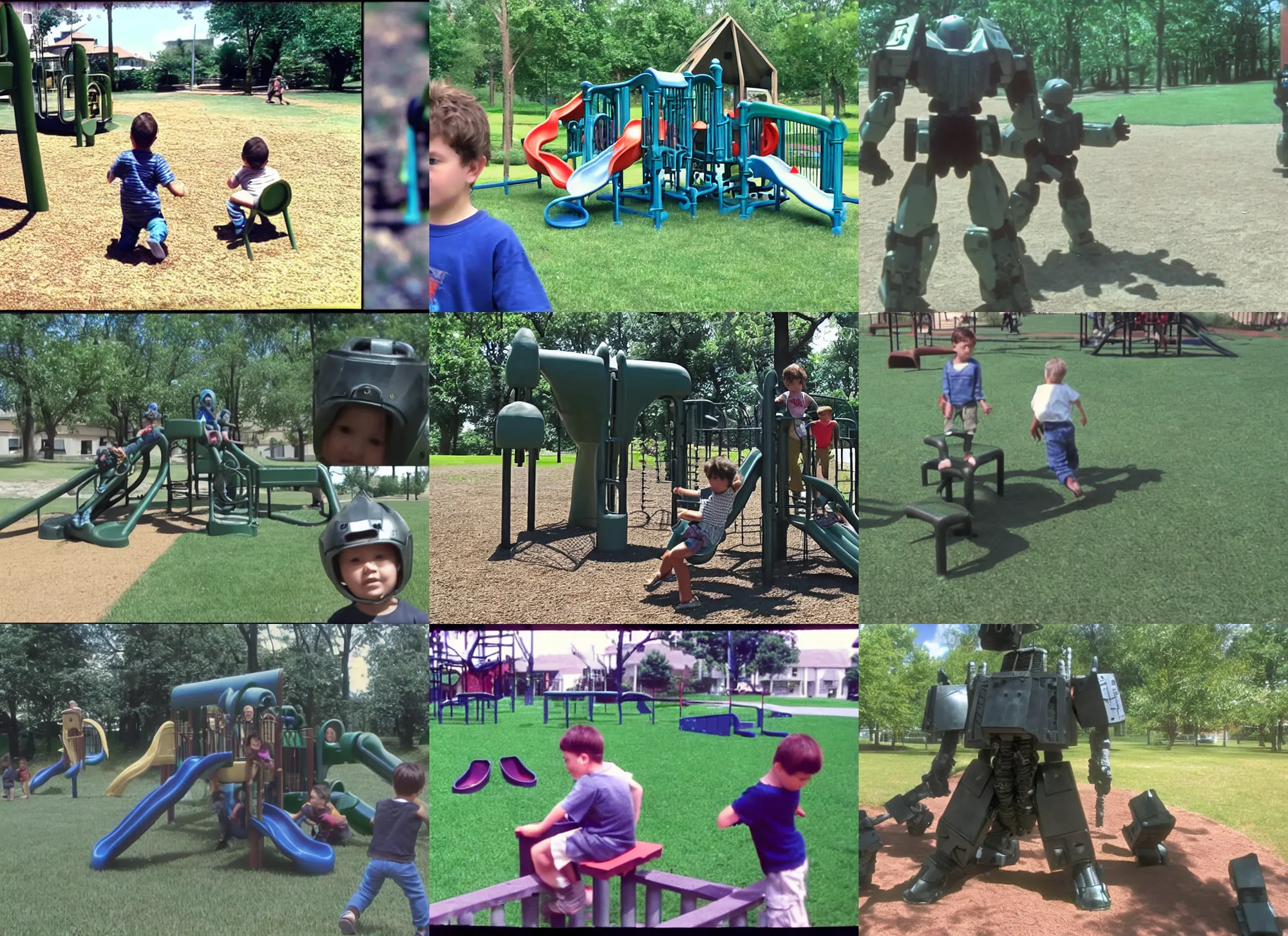 Prompt: home video footage, an armored core playing in the playground, summer. filmed by dad.