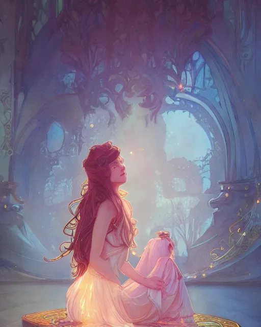 Image similar to secret romance, highly detailed,, gold filigree, romantic storybook fantasy, soft cinematic lighting, award, disney concept art watercolor illustration by mandy jurgens and alphonse mucha and alena aenami, pastel color palette, featured on artstation