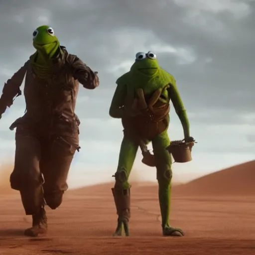 Image similar to action shot of kermit the frog as furiosa in mad max, dramatic light, god rays, very detailed