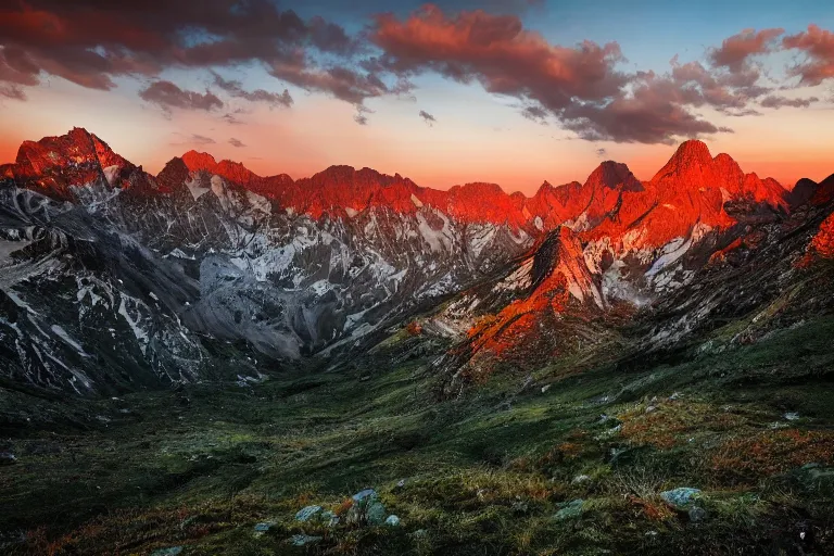 Prompt: A beautiful landscape photography of Ciucas mountains mountains, a dead intricate tree in the foreground, sunset, dramatic lighting by Marc Adamus,