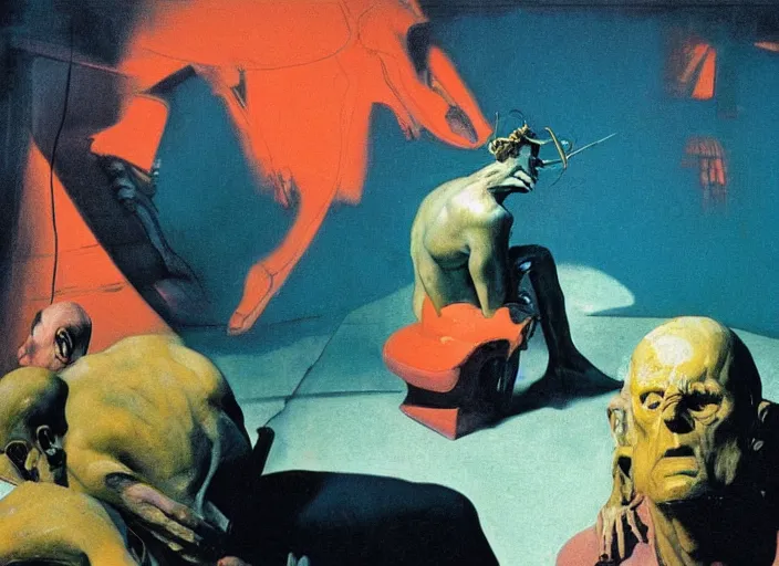 Prompt: a still from the film prometheus, by francis bacon, surreal, norman rockwell and james jean, greg hildebrandt, scene from the movie godfather, triadic color scheme, by greg rutkowski, in the style of francis bacon and syd mead and edward hopper and beksinski, dark surrealism, orange and turquoise and pink and yellow and blue and red