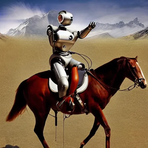 Image similar to a robot riding a horse, hyperrealistic, National Geographic photo, as coherent as Dall-E 2