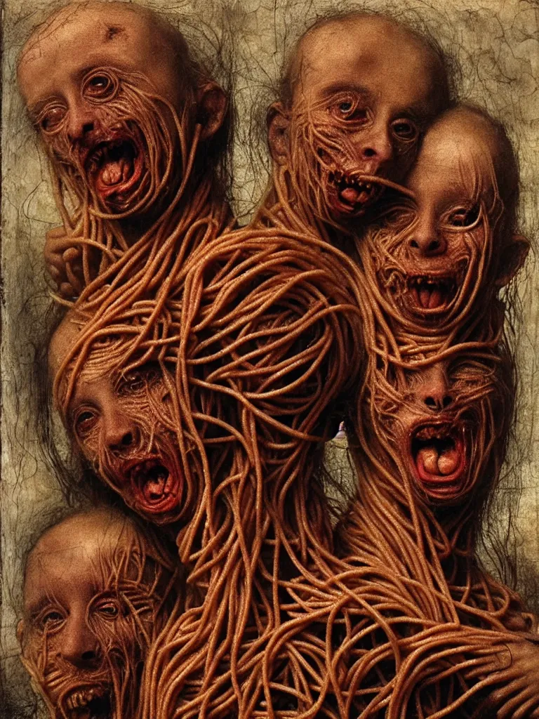 Prompt: siamese twins made of spaghetti, looking straight into camera, screaming in desperation, by giuseppe arcimboldo and ambrosius benson, renaissance, intricate and intense oil paint, a touch of joseph cornell, beksinski and hr giger and edward munch, realistic