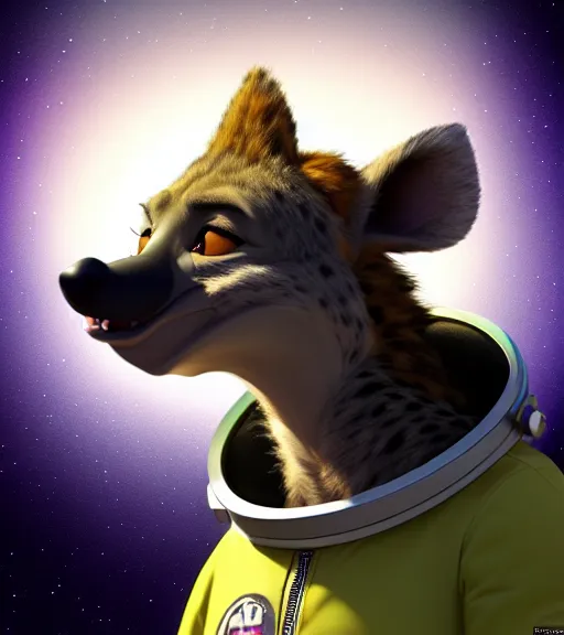 Image similar to digital detailed portrait of anthromorphic female hyena, in style of zootopia, fursona, furry, furaffinity, 4 k, deviantart, wearing astronaut outfit, in style of disney zootopia, floating in space, space background, in deep space, dark background, hyena fursona, cyberpunk, female, detailed face, style of artgerm,