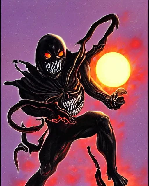 Prompt: the sun with venom's mouth and evil glowing eyes, dressed as the grim reaper, artwork by benjamin reichwald