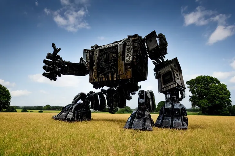 Prompt: beautiful english countryside, a ginormous destroyed mech lies broken in a field