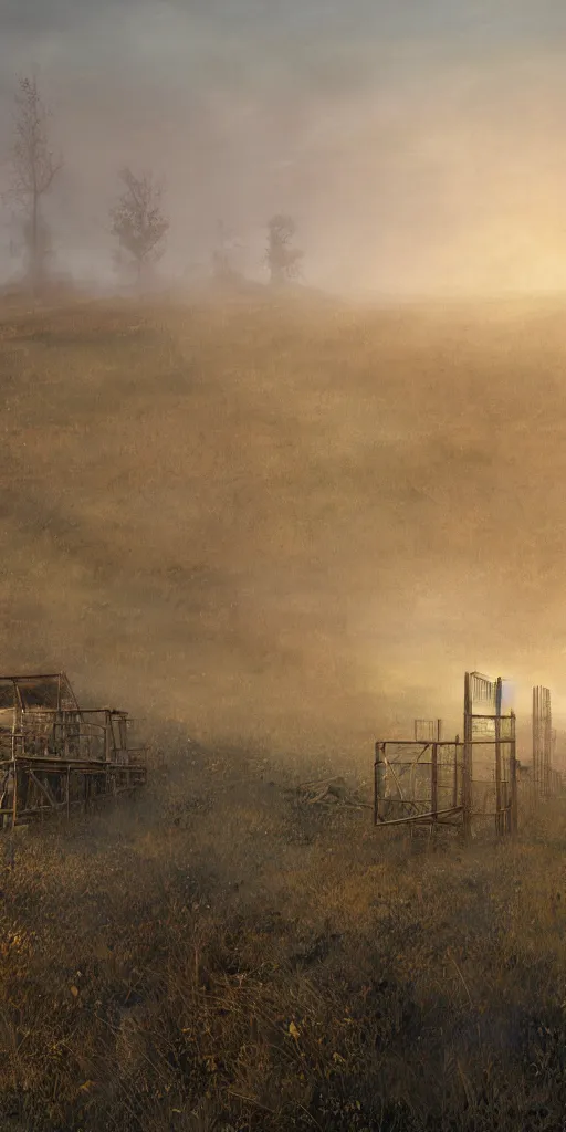 Prompt: rusty broken building constructions of a giant staircase for multiple cases, leading to the sky, the ruins, in the steppe, autumn field, misty background, from the game pathologic 2, highly detailed, sharp focus, matte painting, by isaac levitan and asher brown durand,