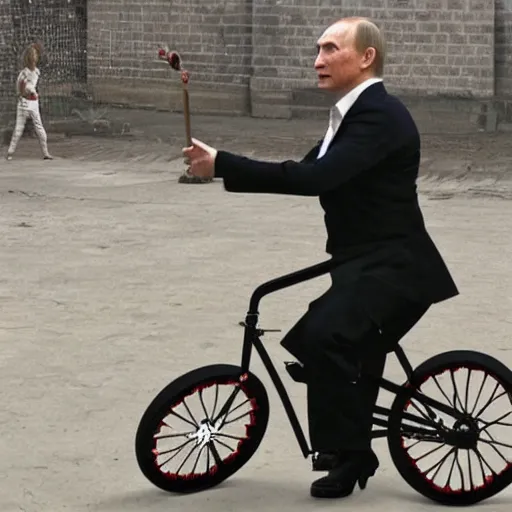 Image similar to Vladimir putin in drag riding a unicycle through a battlefield, banksy