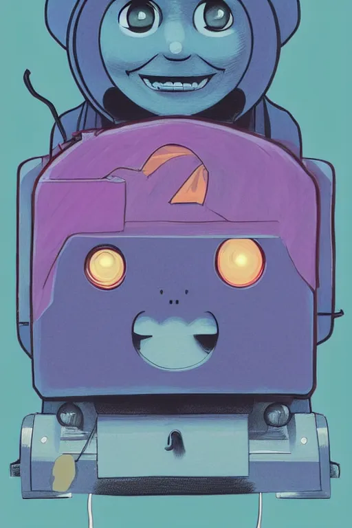 Image similar to concept art painting of a demonic thomas the tank engine, artgerm, moebius, inio asano, toon shading, cel shading, calm, tranquil, vaporwave colors,