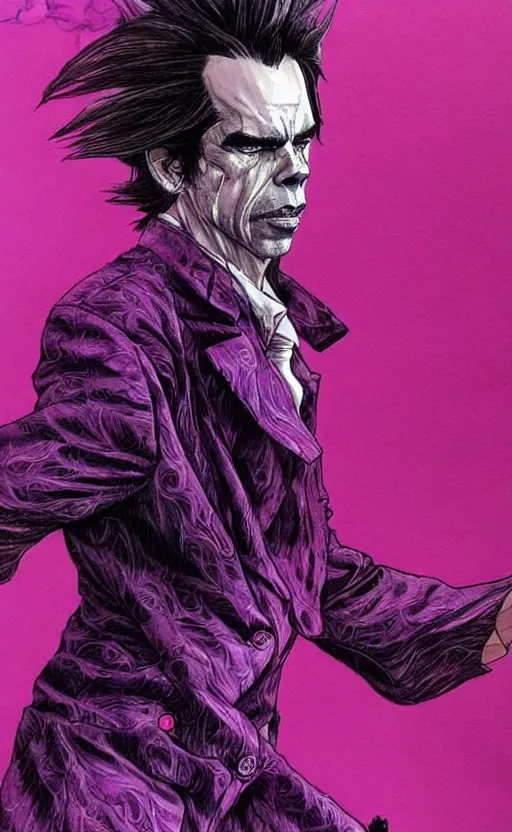 Prompt: full body portrait of nick cave with a lot of purple smoke coming out of his mouth!!!, concept art, sumi - e style, intricate linework, artstation, trending, highly detailed, smooth, focus, art by yoji shinkawa and glenn fabry,