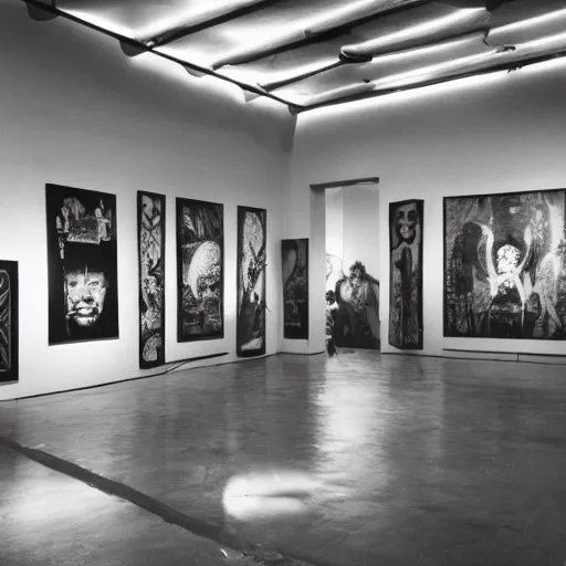 Image similar to A black and white photographie of an exhibition space with works of Sun Ra, Marcel Duchamp and tropical plants