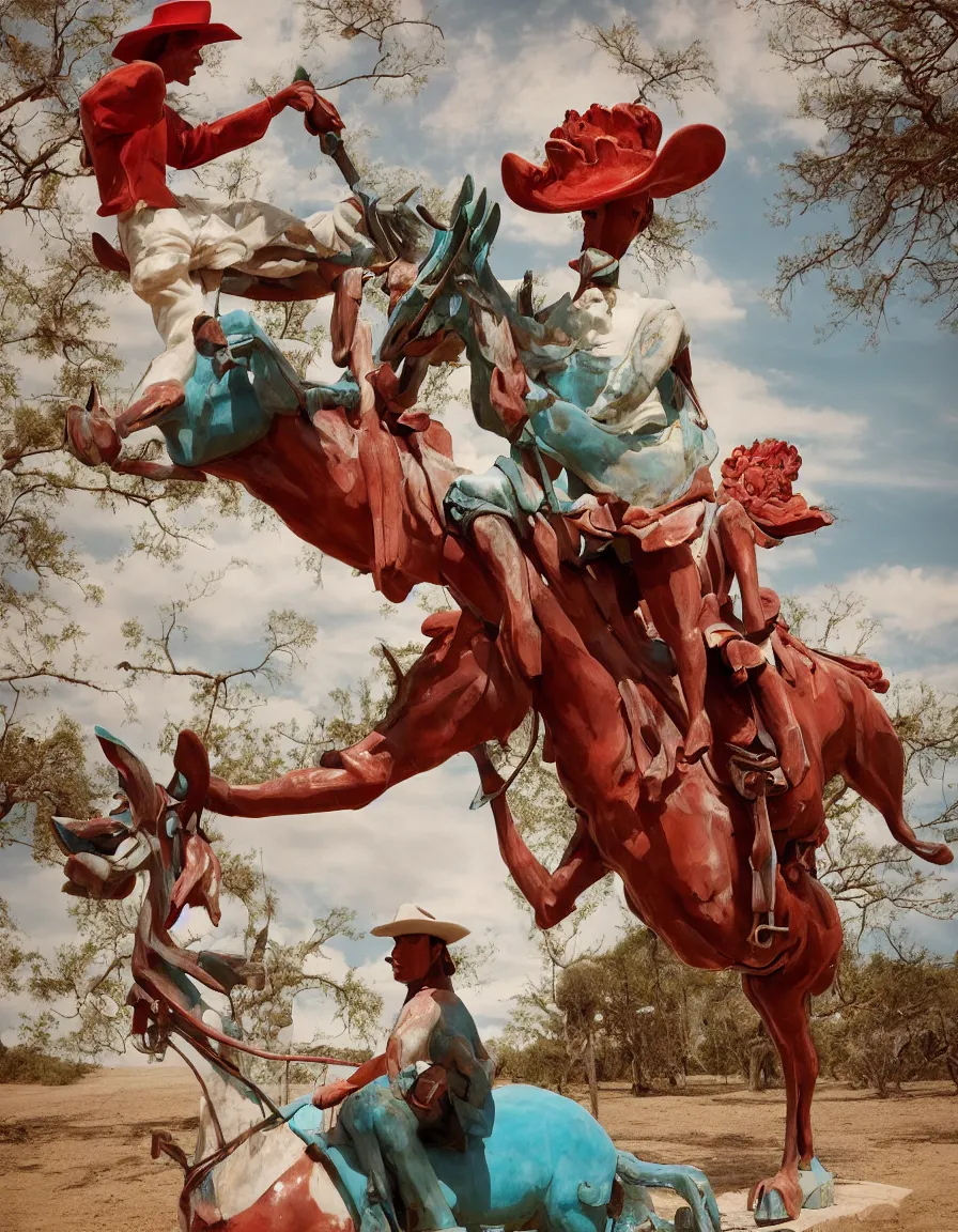 Prompt: a cowboy turning into blooms by slim aarons, by zhang kechun, by lynda benglis. tropical sea slugs, angular sharp tractor tires. complementary colors. warm soft volumetric light. national geographic. 8 k, rendered in octane, smooth gradients. manly cowboy riding a horse sculpture by antonio canova. red accents.