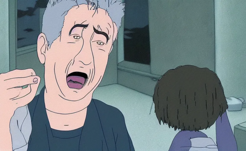 Image similar to a still of david lynch in spirited away, anime style, studio ghibli,