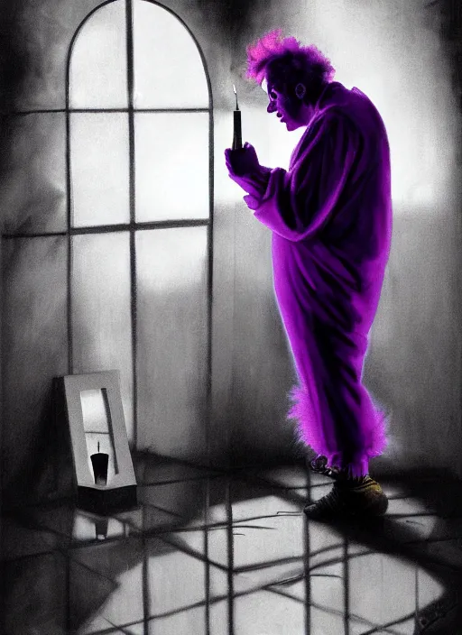 Prompt: a clown dressed in purple looking at himself in a broken shattered mirror. the clown is holding a candle. the mirror is cracked broken mirror shattered. dark moody natural lighting, by martin ansin