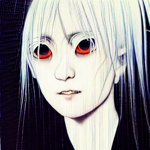 Image similar to yoshitaka amano blurred and dreamy realistic portrait of a woman with white hair and black eyes wearing office suit with tie, junji ito abstract patterns in the background, satoshi kon anime, noisy film grain effect, highly detailed, renaissance oil painting, weird portrait angle, blurred lost edges, three quarter view