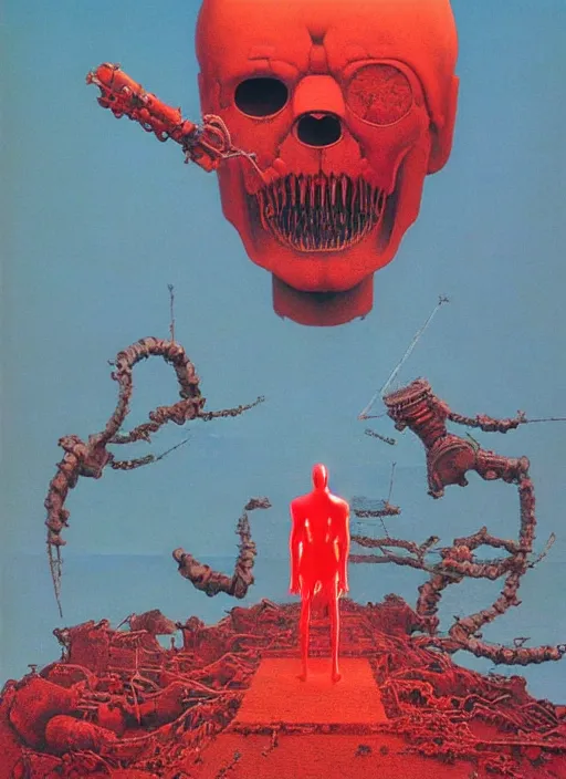 Prompt: hyper realistic end of the world by zdzisław beksinski and norman rockwell and greg rutkowskiweta studio, a red cyborg samurai, tokio futuristic in background, and lucasfilm, realm of the ovarian machine, horror art, blue and red hour