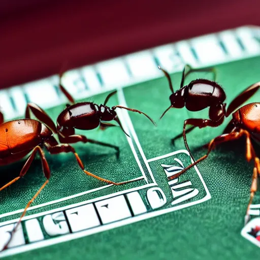 Prompt: an award - winning macro photo of two ants playing poker together,