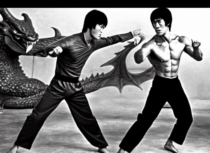 Image similar to Bruce Lee vs. a gigantic dragon, kung-fu film, vintage, martial arts, urban fantasy