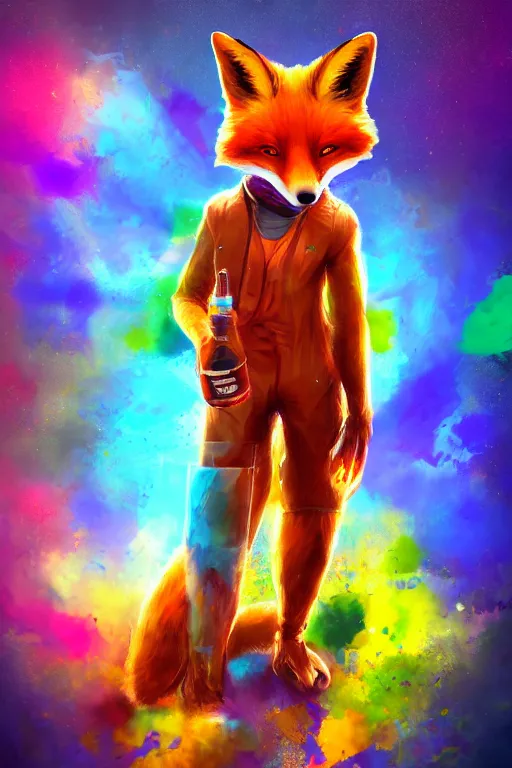 Image similar to a humanoid fox wearing scientist's clothes and doing experiments with colorful chemicals, digital painting, masterpiece, digital art, high quality, highly detailed, concept art, trending on deviantart, high coherence, anatomically correct, five fingers, cinematic, high definition, path traced