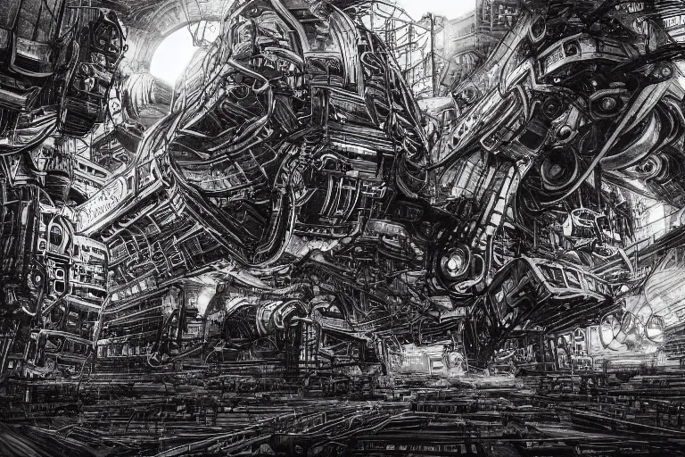 Prompt: ''robotic giant machines, chaotic atmosphere, blurry, cinematic, drawing''