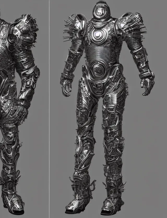 Image similar to full body shot, digital realistic 3 d rendering of a futuristic retro spacepunk intricate armor holy paladin with light powers and intricate head armor, highly detailed, 4 k, hdr, smooth, sharp focus, high resolution, award - winning photo., corona render, substance painter hyper detailed armor. trending on art statation